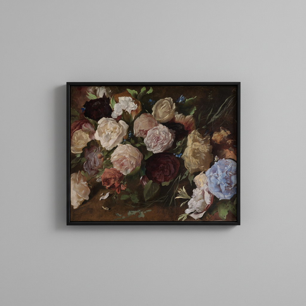 Vintage roses still life fine art print, displayed in simple black frame on light gray wall - floral wall art