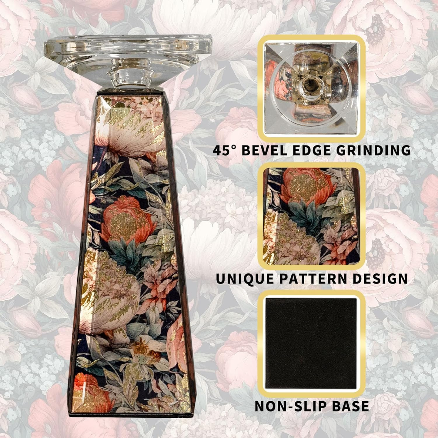 Floral Glass Candlestick Holder — Handcrafted Peony Pattern with Gold Foil