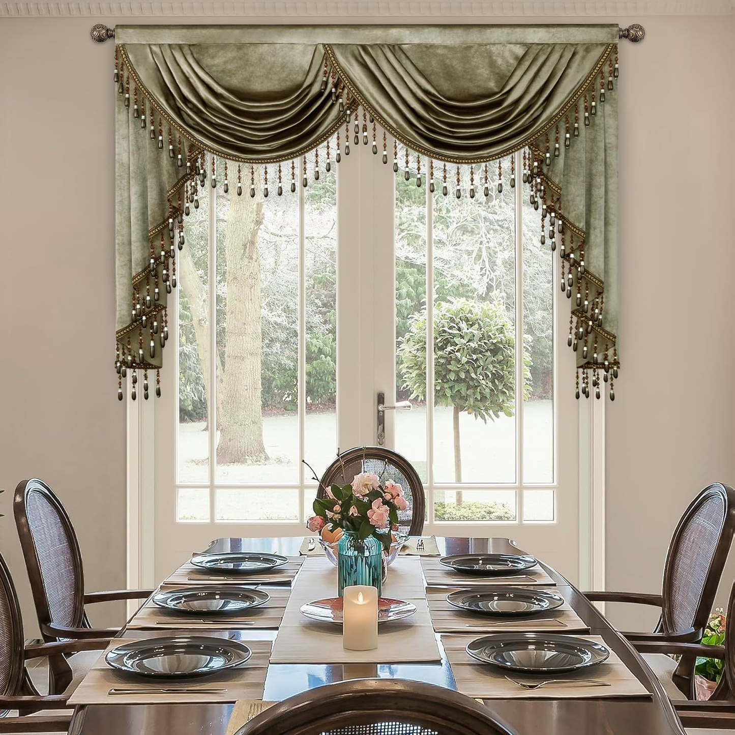 Vintage Waterfall Valance Curtain — Brown Velvet Window Treatment with Beaded Tassels