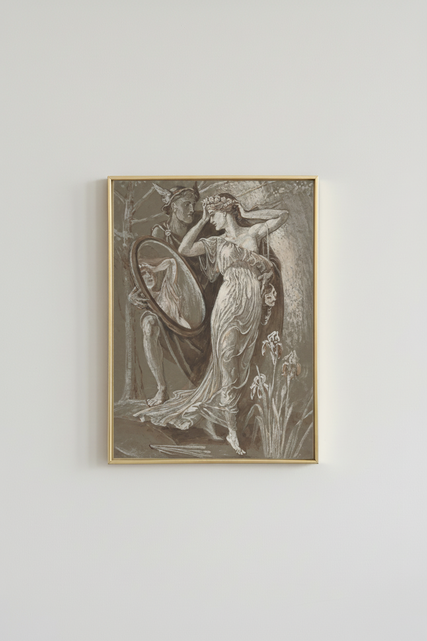 Vintage mythological woman with harp sepia fine art print, displayed in brassy gold frame on light gray wall - elegant home decor