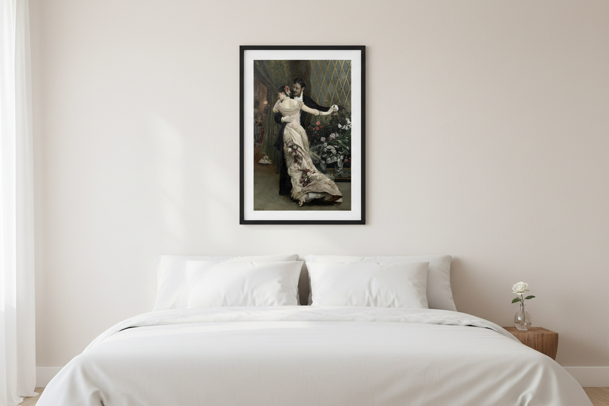 Romantic vintage couple portrait in black frame on light wall in elegant minimalist bedroom