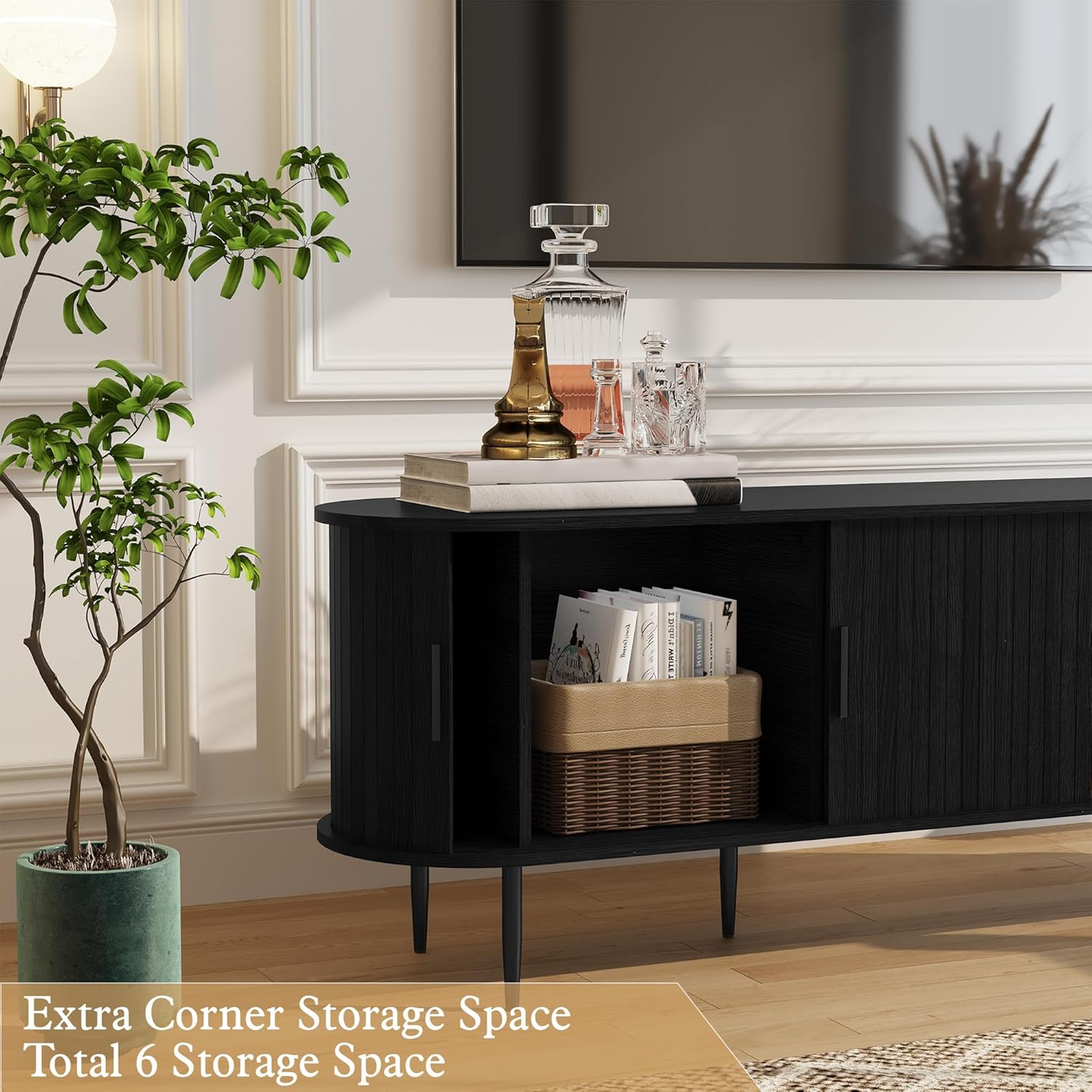 ARTPOWER 70" Modern TV Stand with Tambour Door - Black Entertainment Center for TVs up to 80"