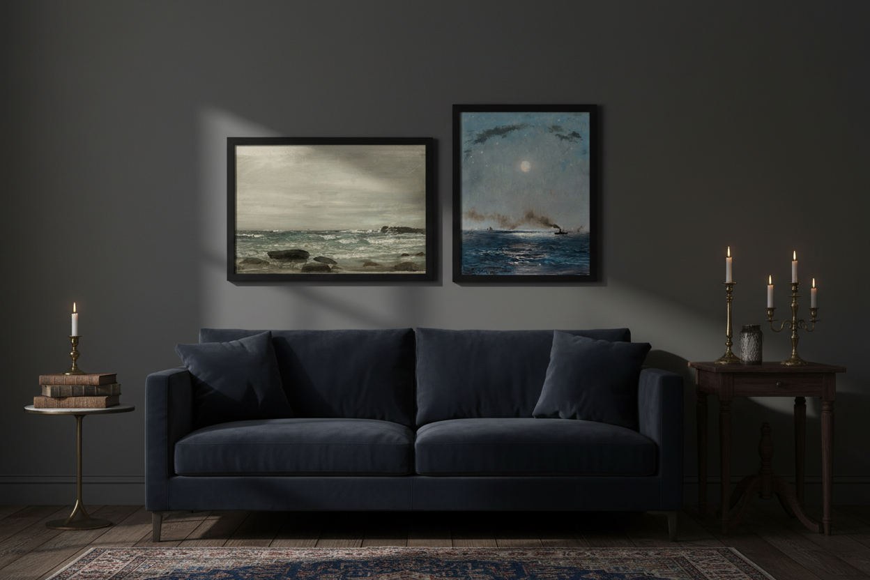 Moody coastal seascape prints in black frames on dark charcoal wall in dimly lit living room with candlelight