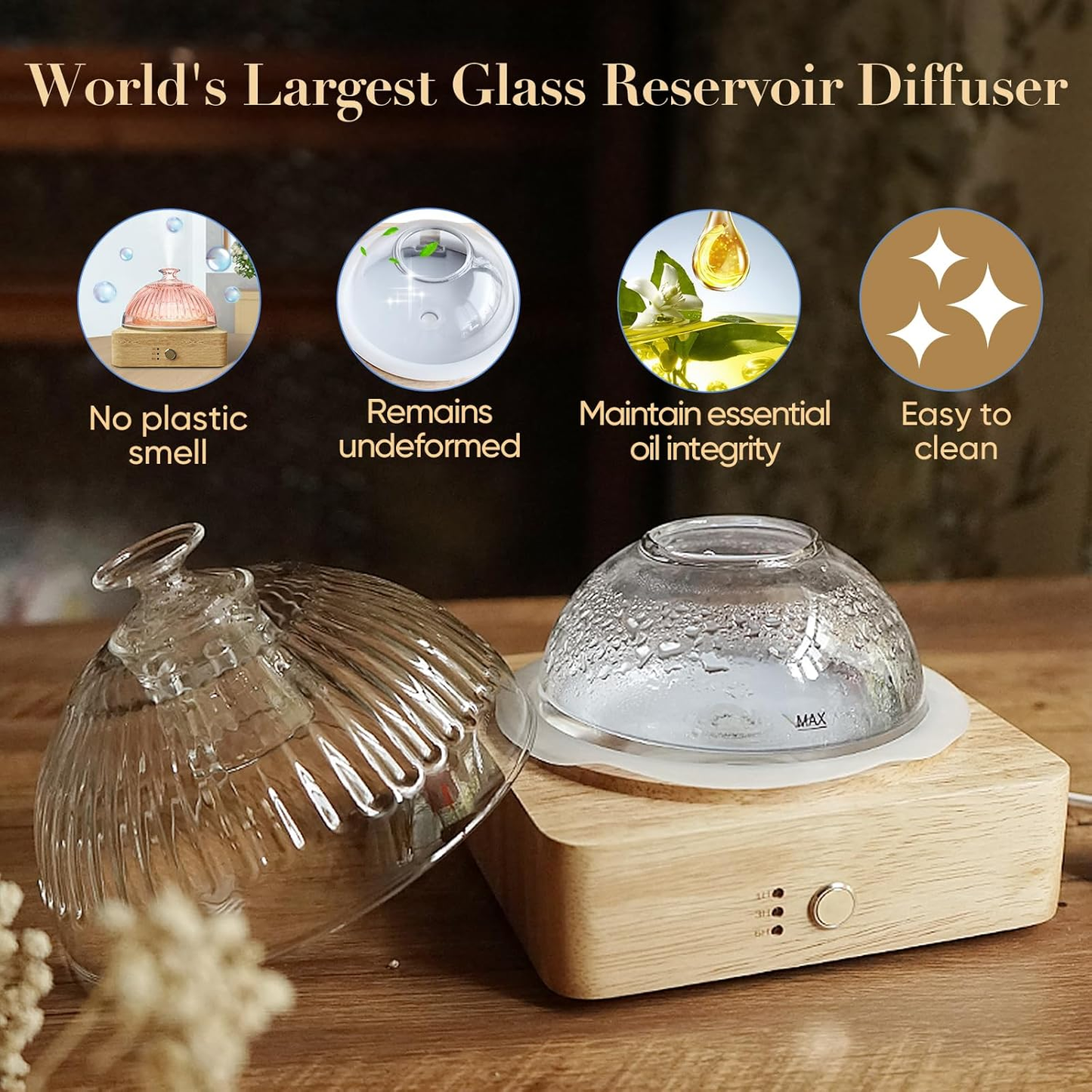 Glass Dome Essential Oil Diffuser with Wood Base - No Plastic Aromatherapy Diffuser