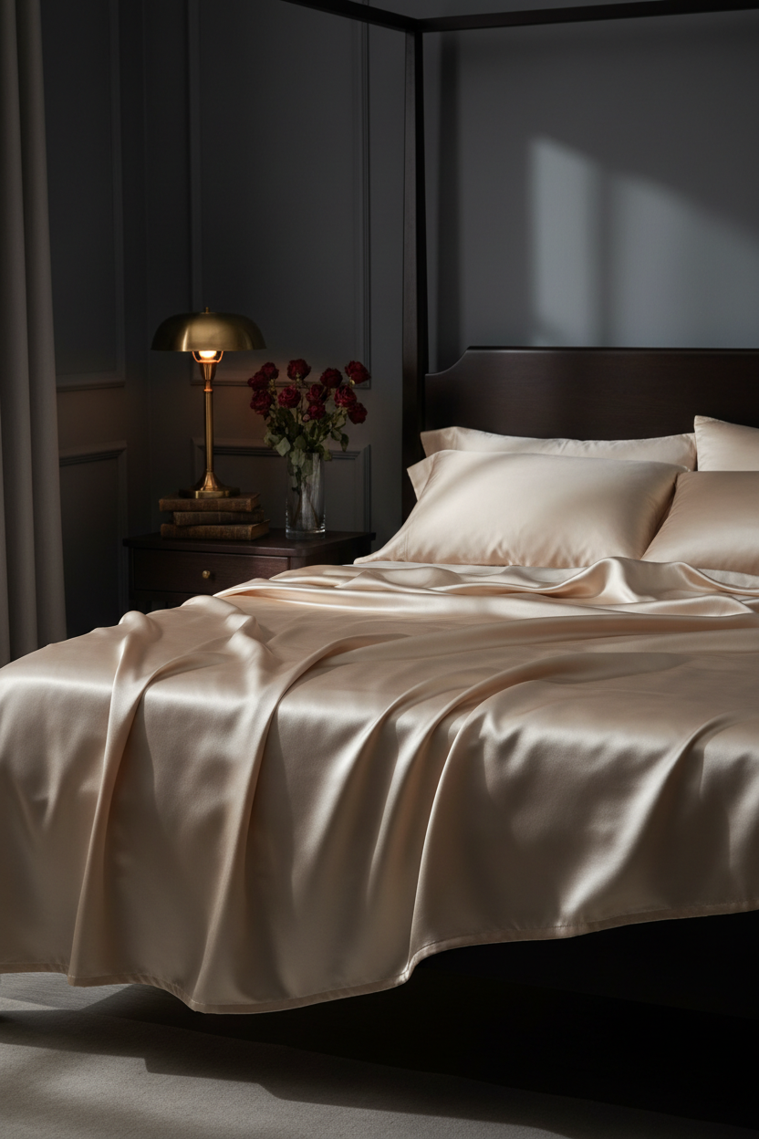 Moody bedroom with champagne silk sheets – luxury bedding for intentional living and nocturnal rituals