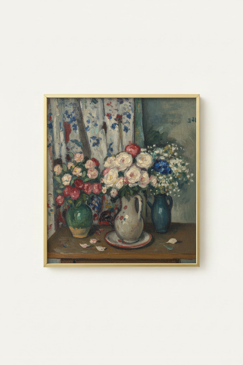 Classic flower still life vintage print in simple gold frame - floral wall art