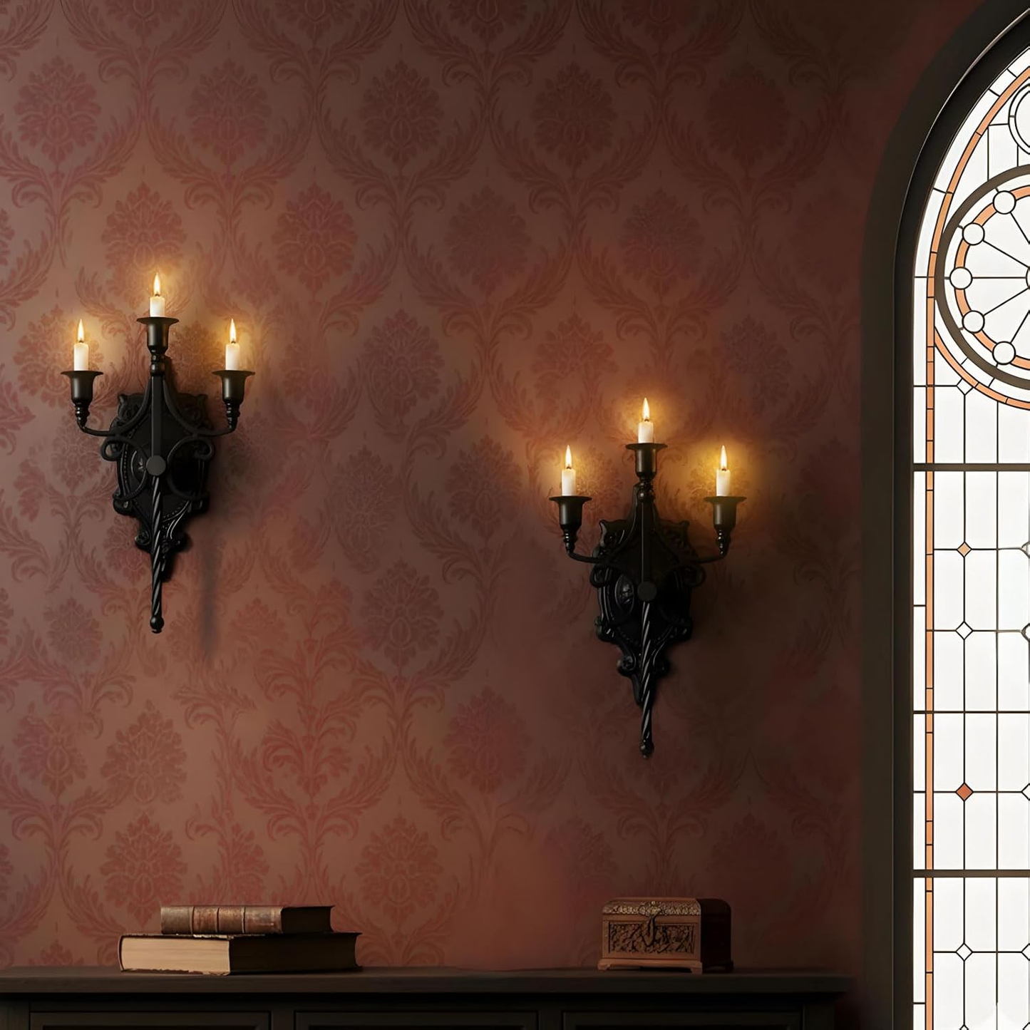 3-Arm Gothic Wall Sconce Set of Two | Victorian Metal Candle Holder | Dark Academia Decor