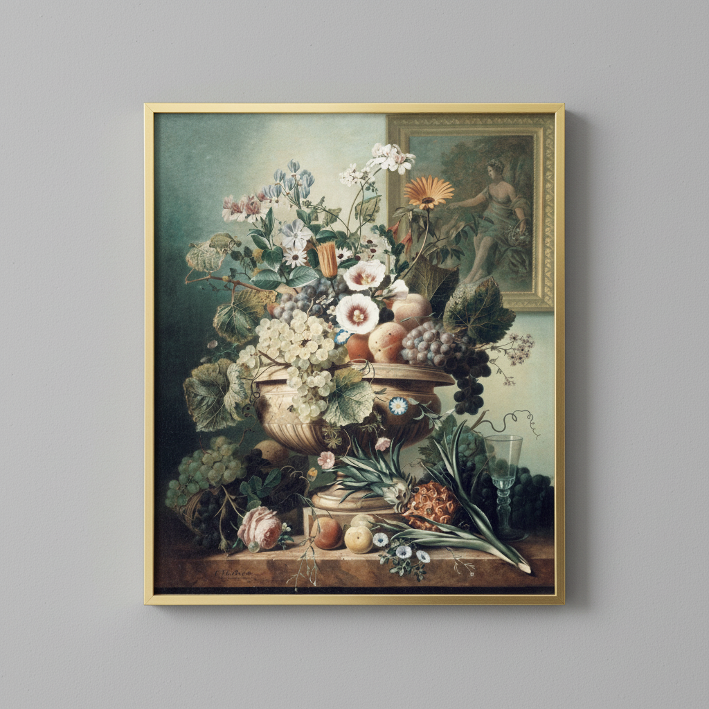 Classic still life floral and fruit fine art print, displayed in brassy gold frame on light gray wall - elegant home decor