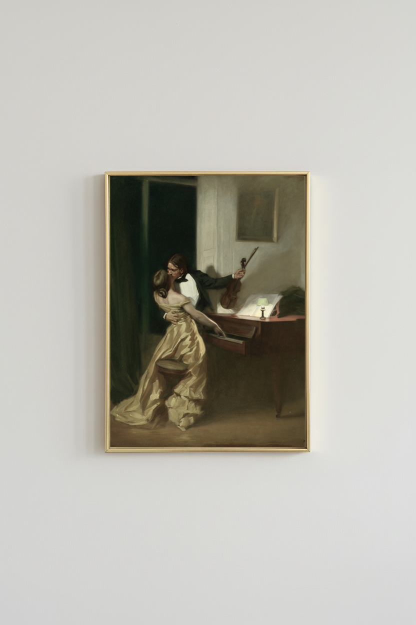 Romantic piano embrace fine art print with vintage couple, displayed in brassy gold frame on light gray wall - romantic home decor