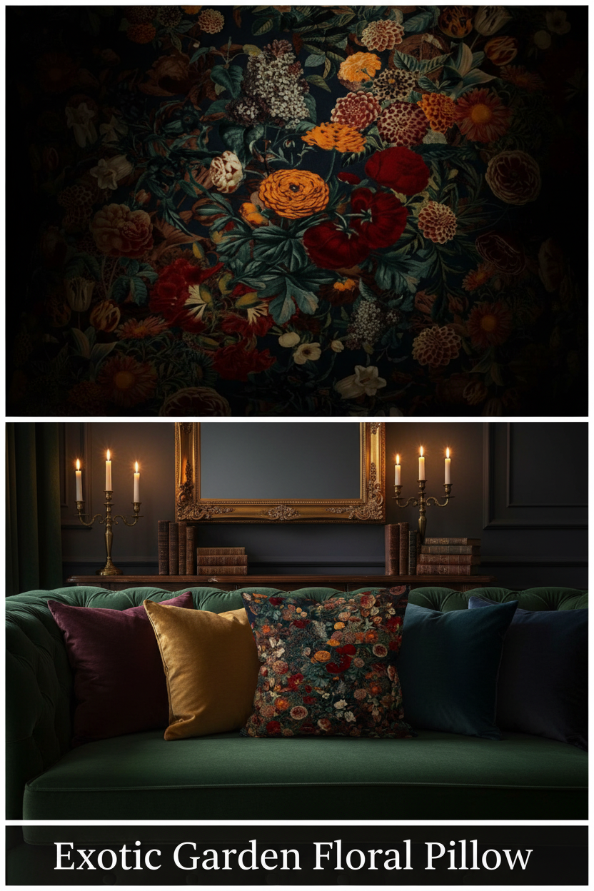 Exotic garden floral throw pillow on luxurious emerald velvet couch in moody dark academia living room