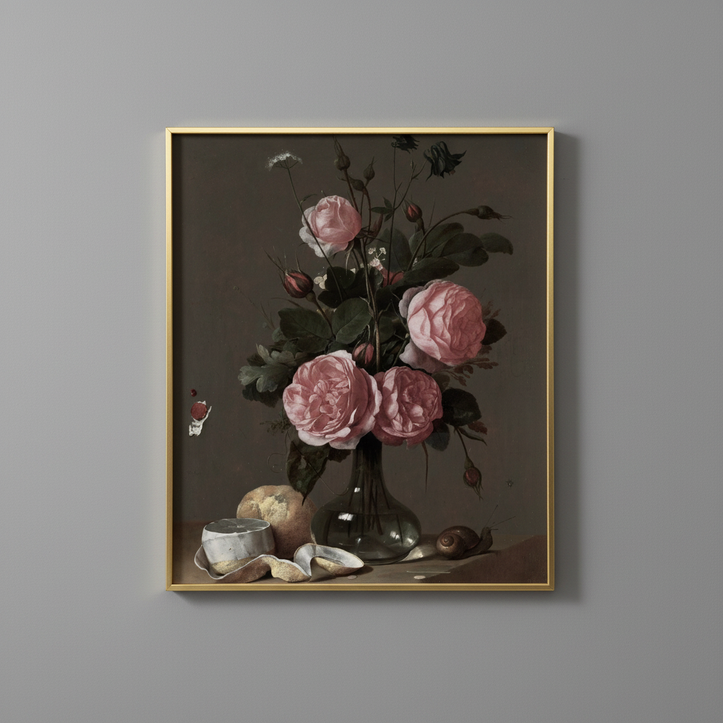 Pink rose still life fine art print, displayed in brassy gold frame on light gray wall - elegant home decor
