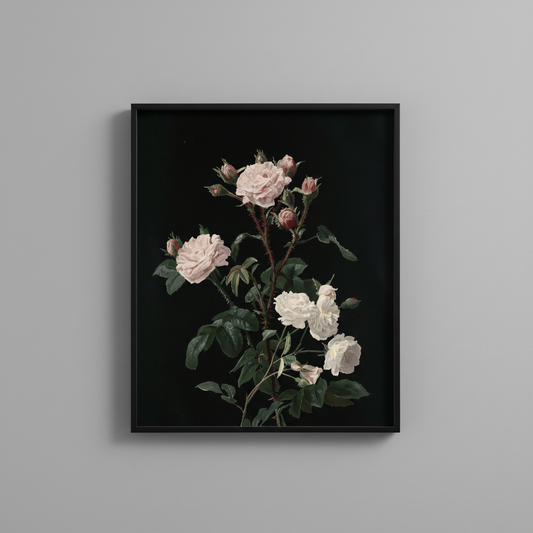 Rose bouquet dark floral vintage fine art print, displayed in simple black frame on light gray wall - moody wall art