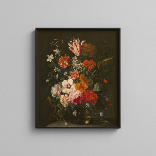 Vintage Dutch bouquet still life fine art print, displayed in simple black frame on light gray wall - floral wall art