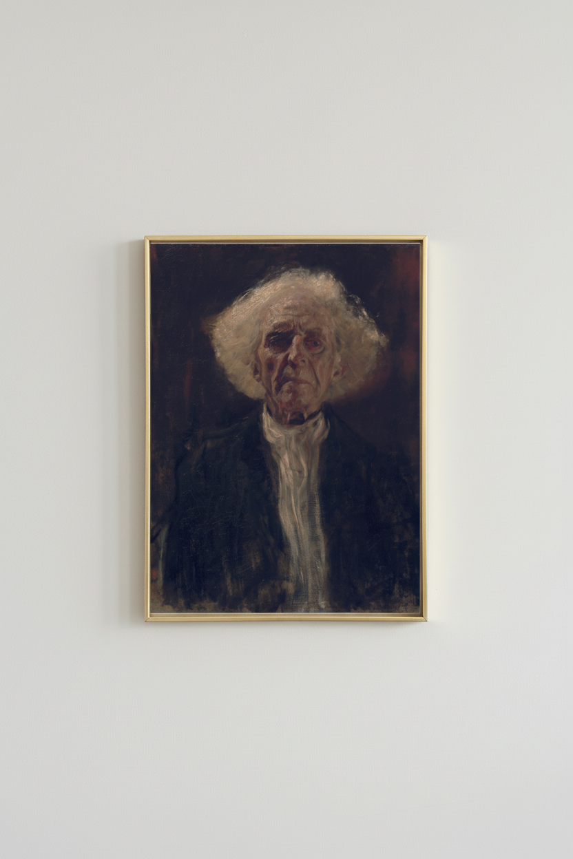 Moody vintage portrait fine art print of elderly man, displayed in brassy gold frame on light gray wall - classical home decor