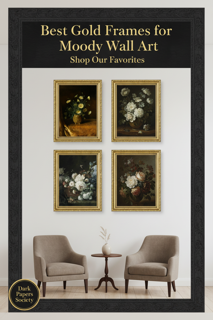 Vintage gold baroque picture frames set of 4 displaying moody floral botanical art in dark academia styled room