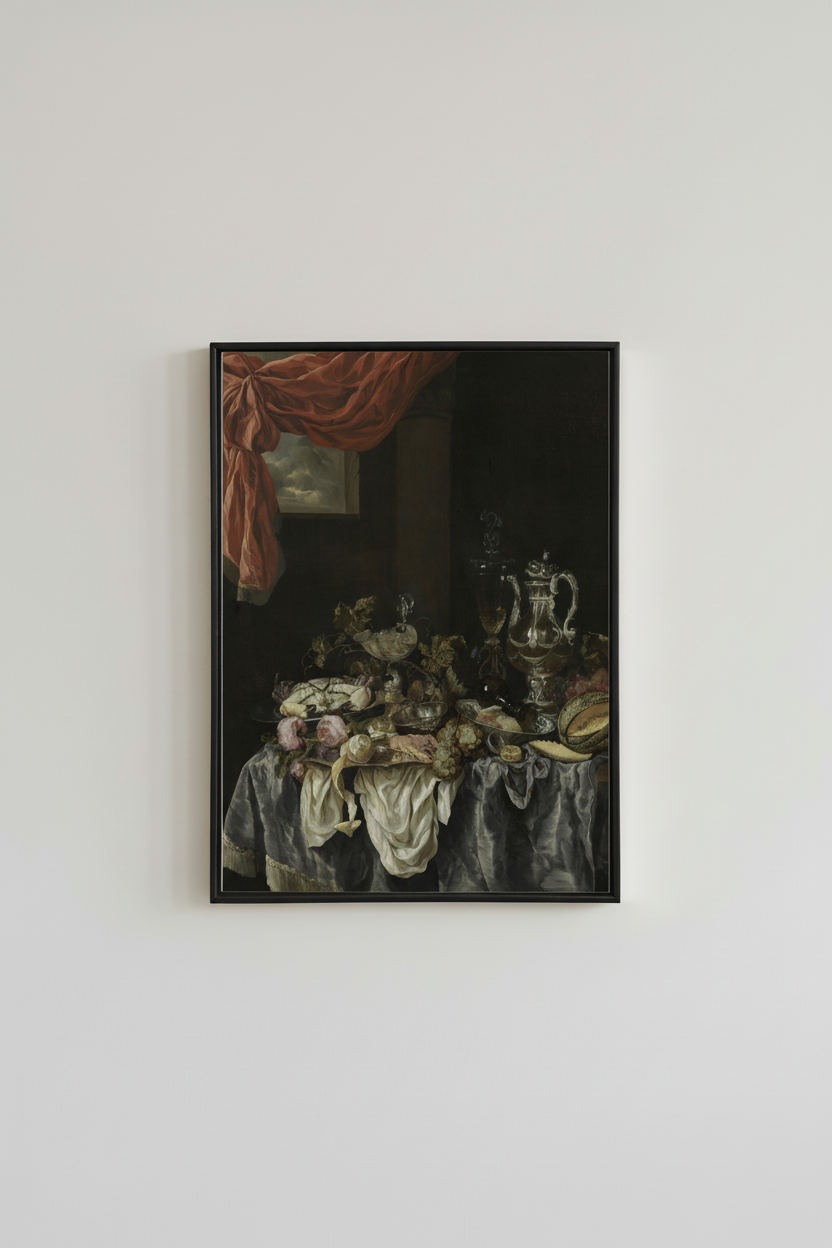 Dutch still life fine art print with vintage fruit and silver tabletop, displayed in simple black frame on light gray wall - baroque kitchen wall art