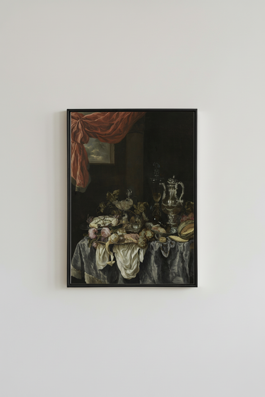 Dutch still life fine art print with vintage fruit and silver tabletop, displayed in simple black frame on light gray wall - baroque kitchen wall art