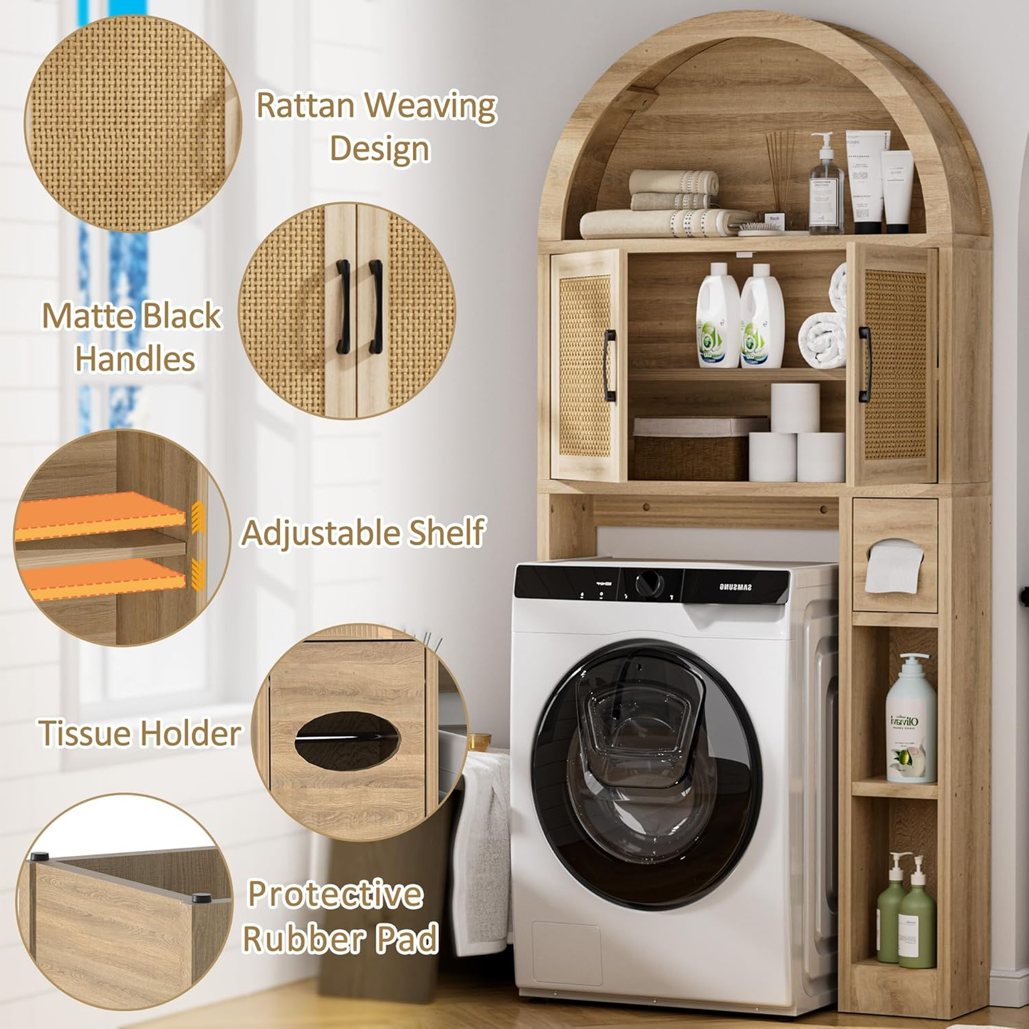 Arched Over-the-Toilet Storage Cabinet with Rattan Doors - Bathroom Organizer