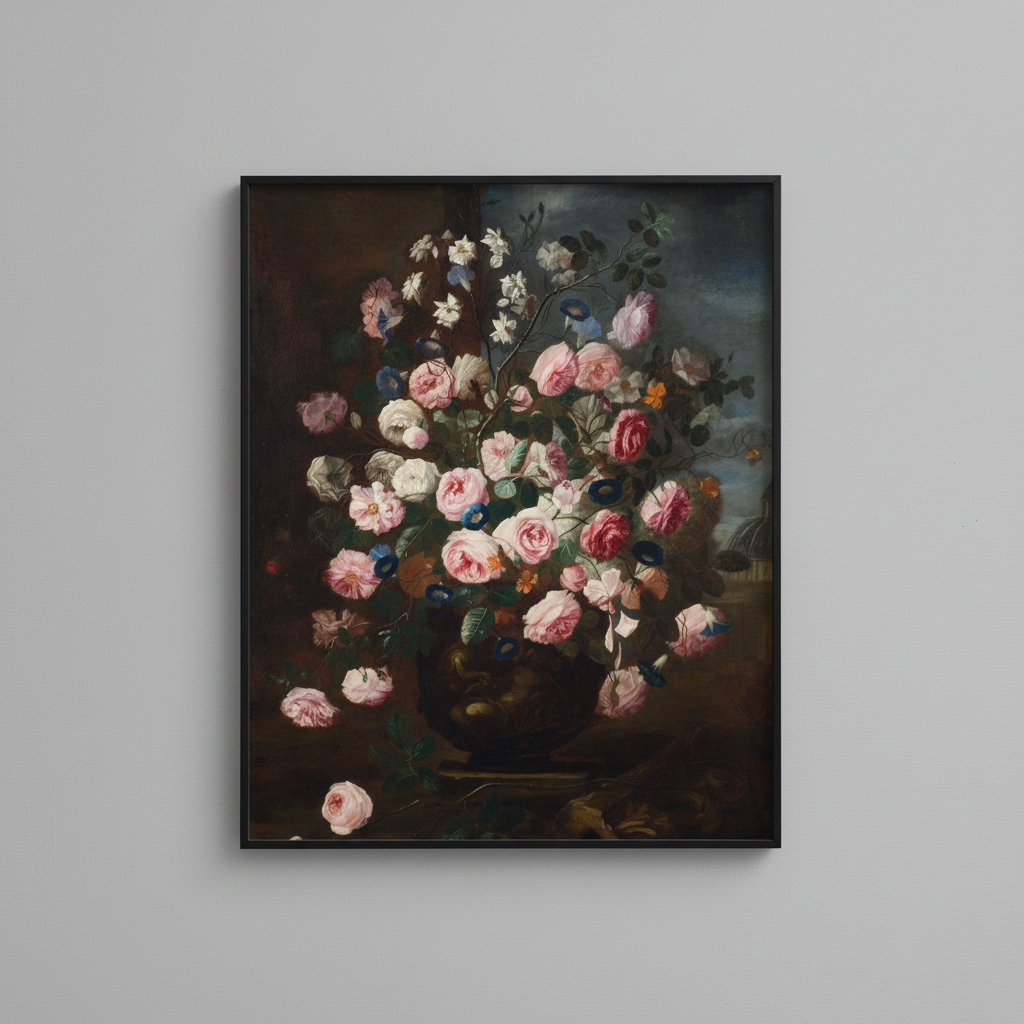Fine art posters collection, displayed in simple black frame on light gray wall - vintage wall art