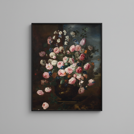 Fine art posters collection, displayed in simple black frame on light gray wall - vintage wall art