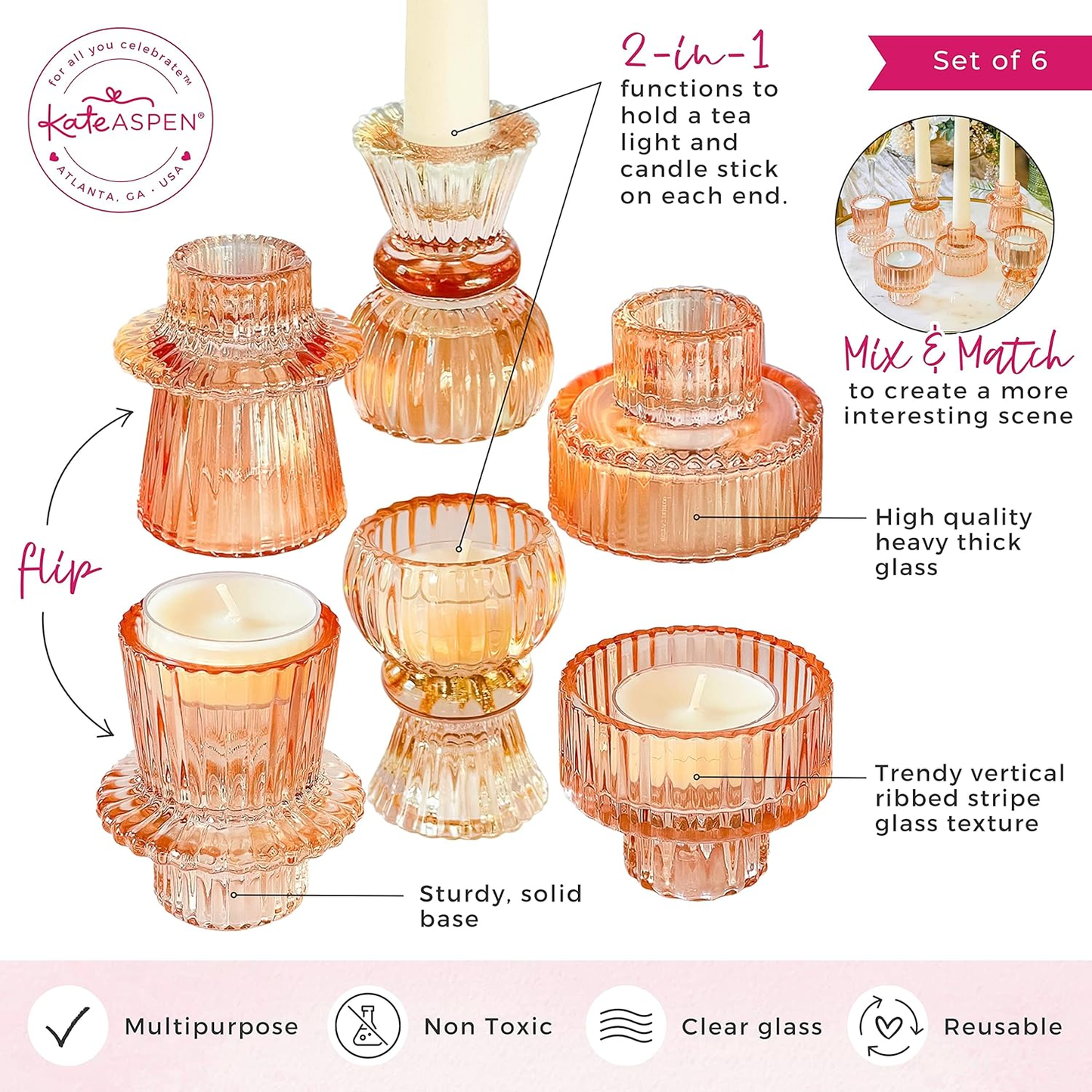 Vintage Ribbed Glass Rose Gold Candlestick Holders (Set of 6) – Tealight, Taper & Pillar Candle Holder Set