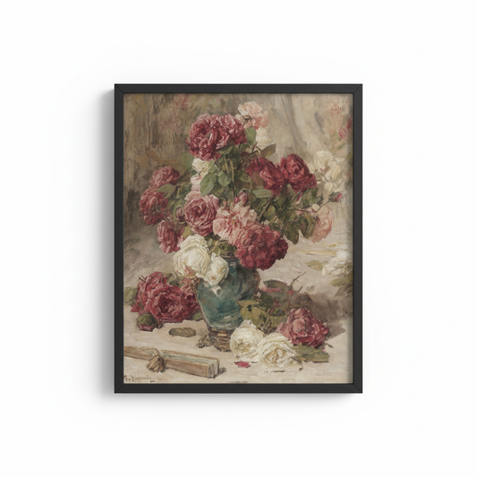 Vintage Rose Bouquet in black frame with no matting
