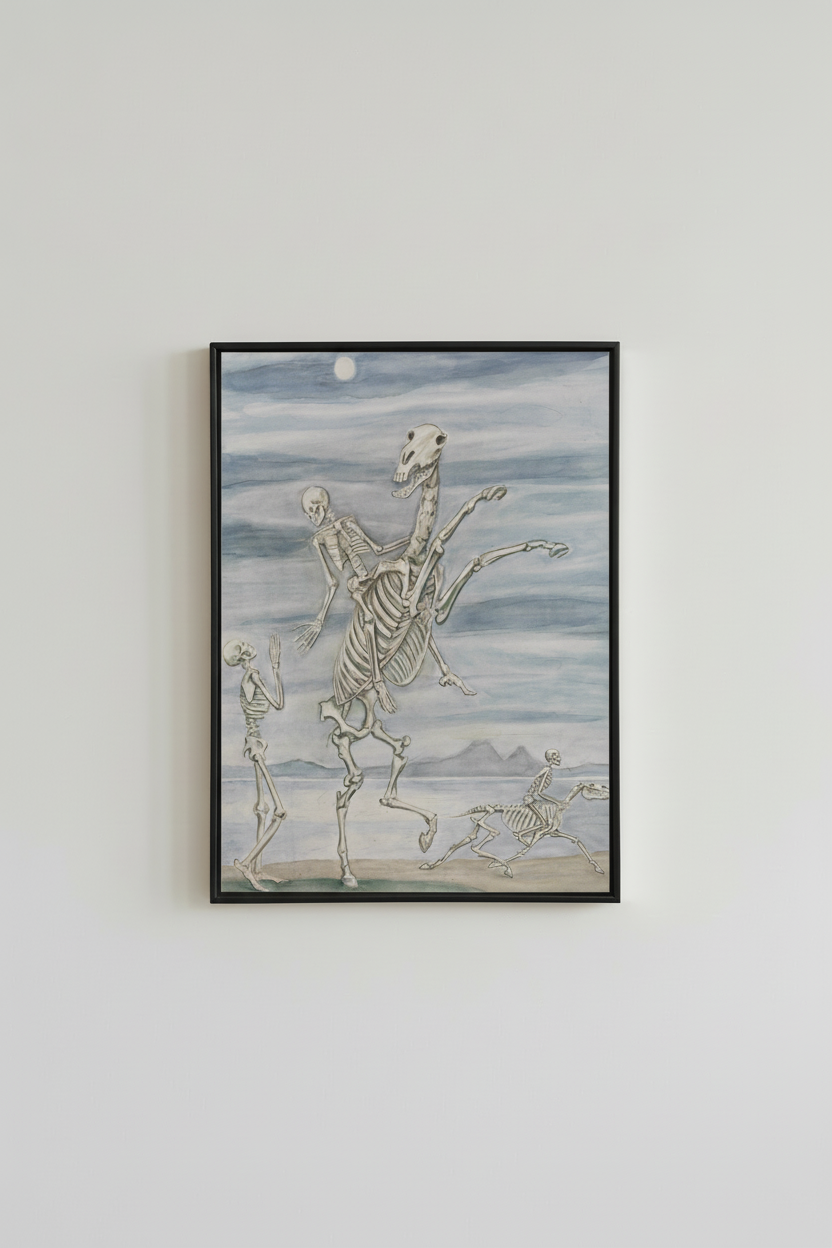 Surreal vintage gothic fine art print with skeleton riders, displayed in simple black frame on light gray wall - dark moody wall art