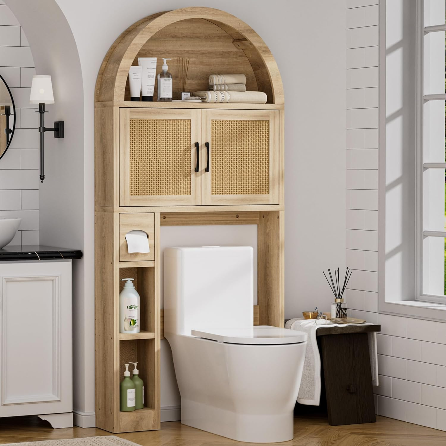 Arched Over-the-Toilet Storage Cabinet with Rattan Doors - Bathroom Organizer