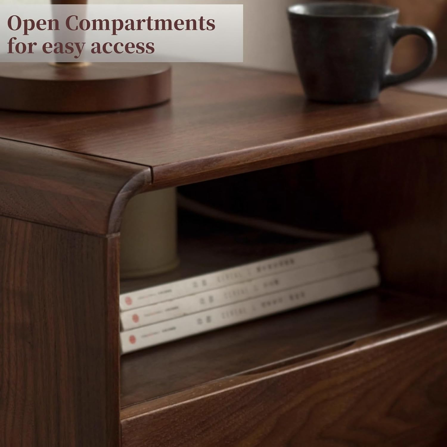 Walnut Nightstand Set of 2 - Solid Wood Mid-Century Modern Bedside Tables with Drawers