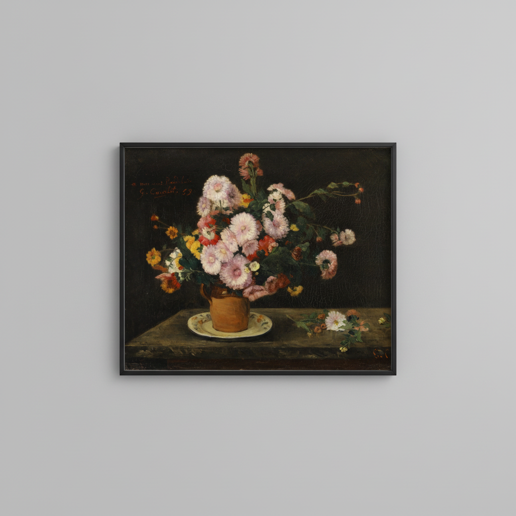 Vintage pink chrysanthemum still life fine art print, displayed in simple black frame on light gray wall - floral wall art