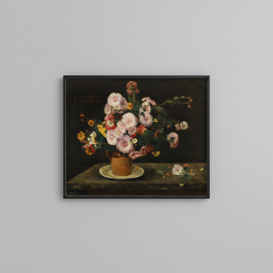 Vintage pink chrysanthemum still life fine art print, displayed in simple black frame on light gray wall - floral wall art