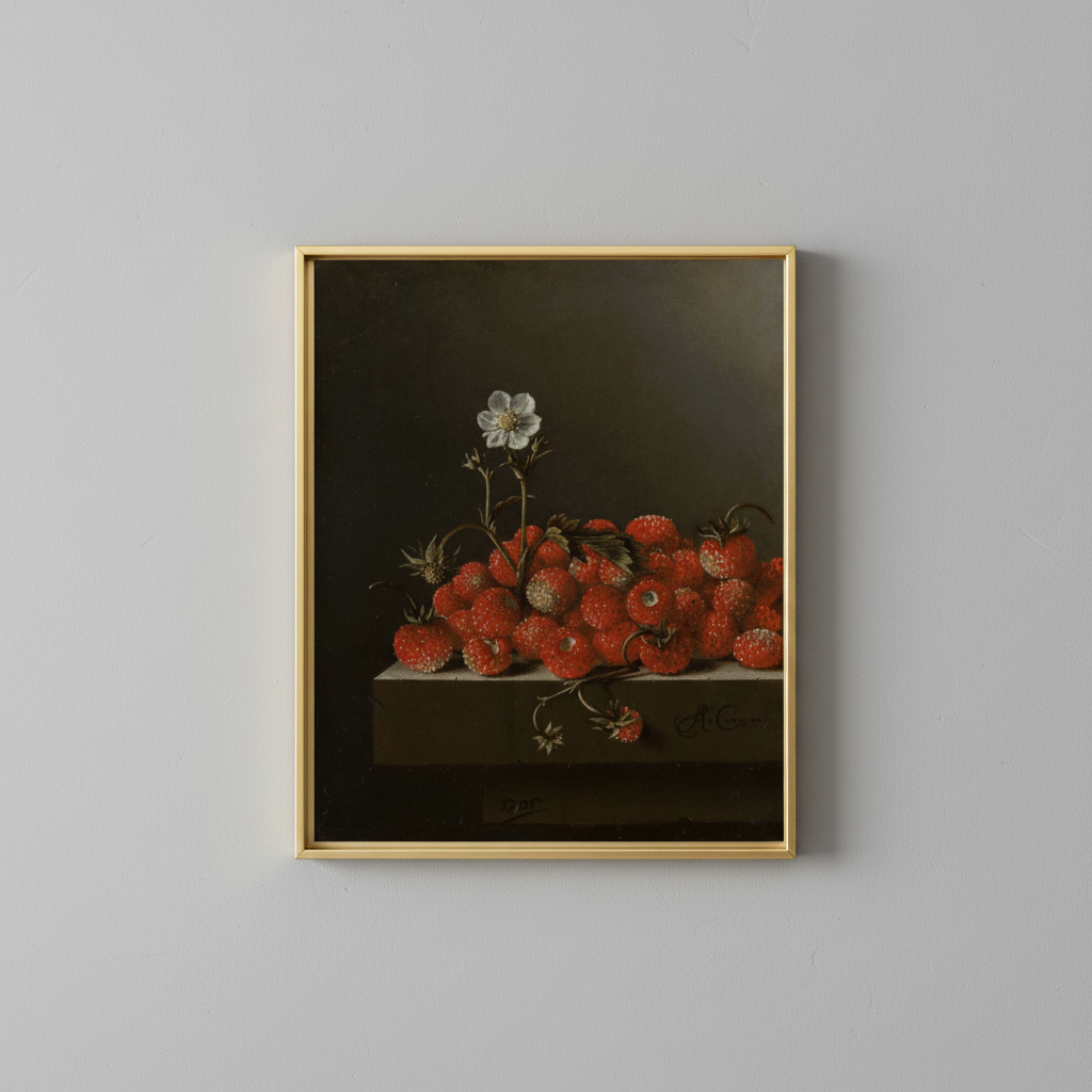 Vintage strawberry still life fine art print, displayed in brassy gold frame on light gray wall - elegant home decor