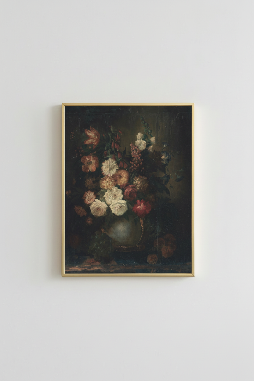 Dark Romantic Floral Bouquet in simple gold frame