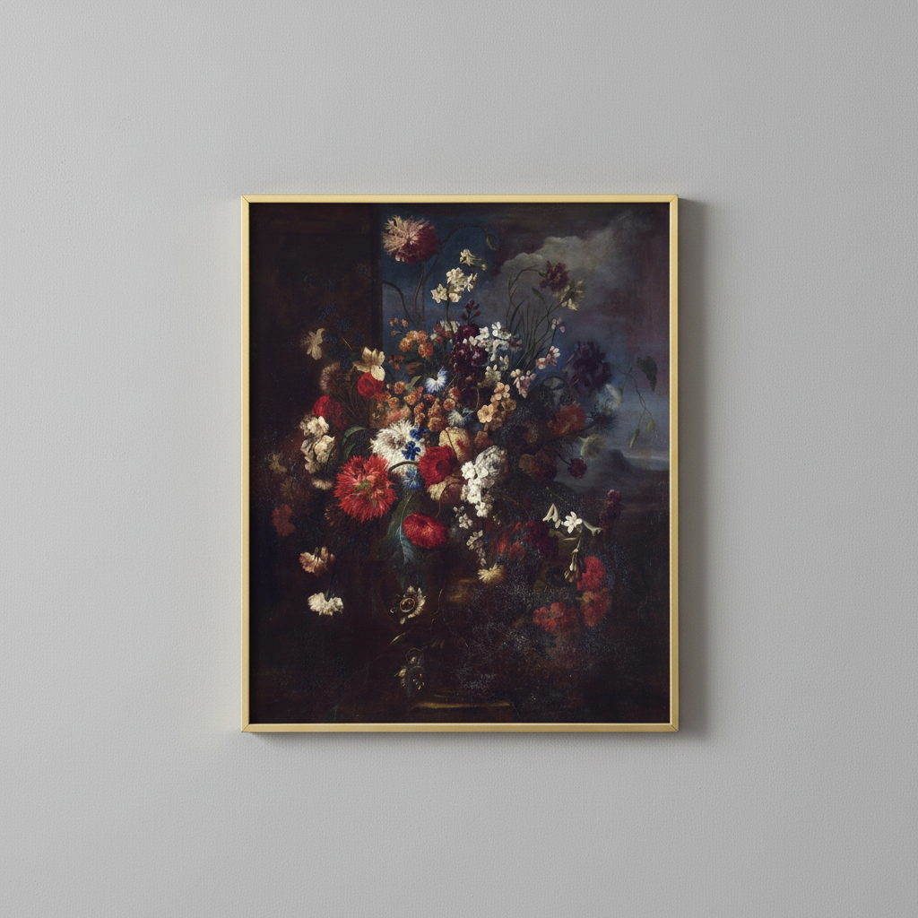 Dark baroque bouquet fine art print, displayed in brassy gold frame on light gray wall - elegant home decor