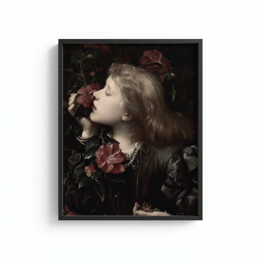 Victorian Girl with Rose in black frame with no matting