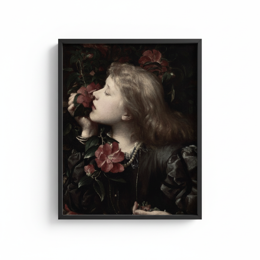 Victorian Girl with Rose in black frame with no matting