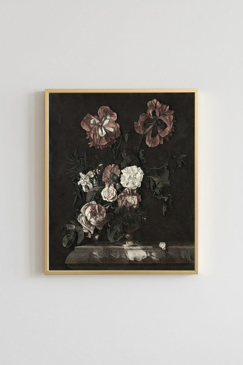Dark Floral Reflection in simple gold frame