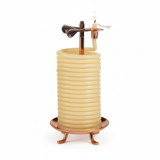 Candle by the Hour 80-hour vertical beeswax candle with copper stand on white background