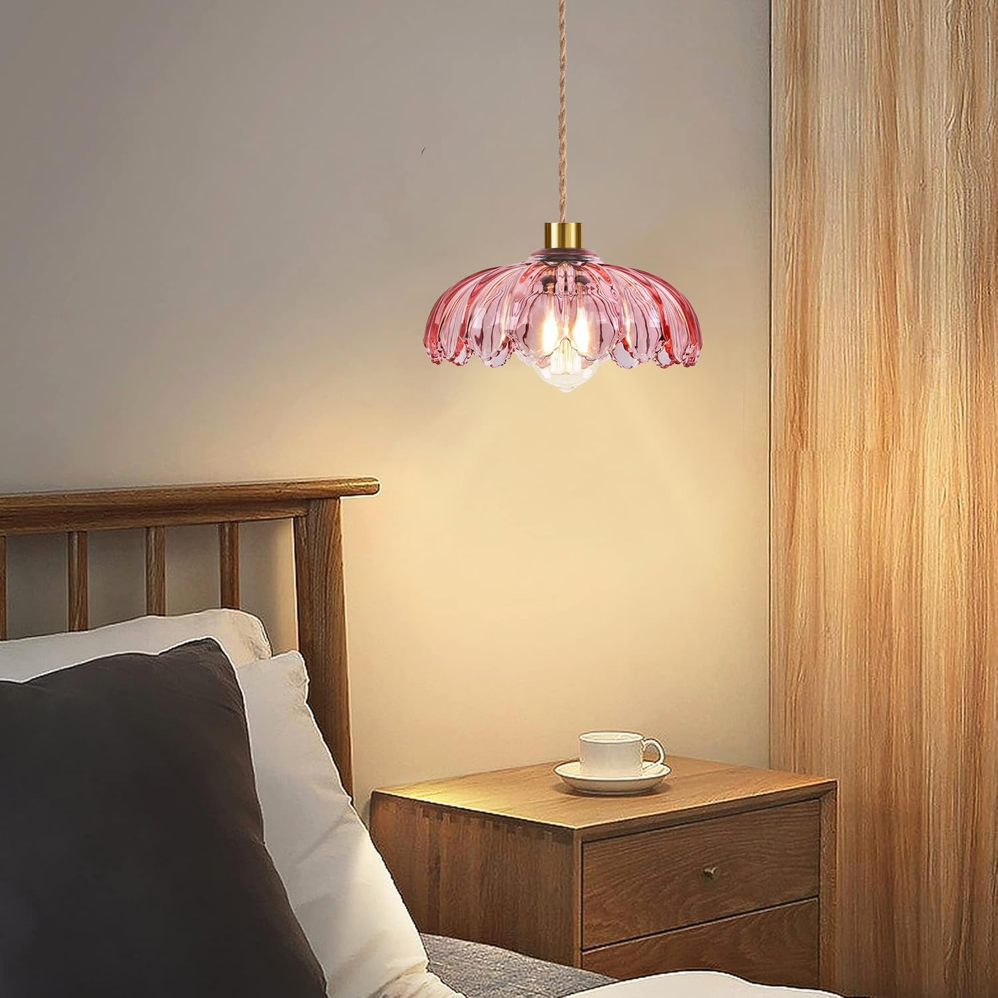Pink Glass Pendant Light - Dimmable Flower Chandelier with Plug-In Cord & Gold Accents