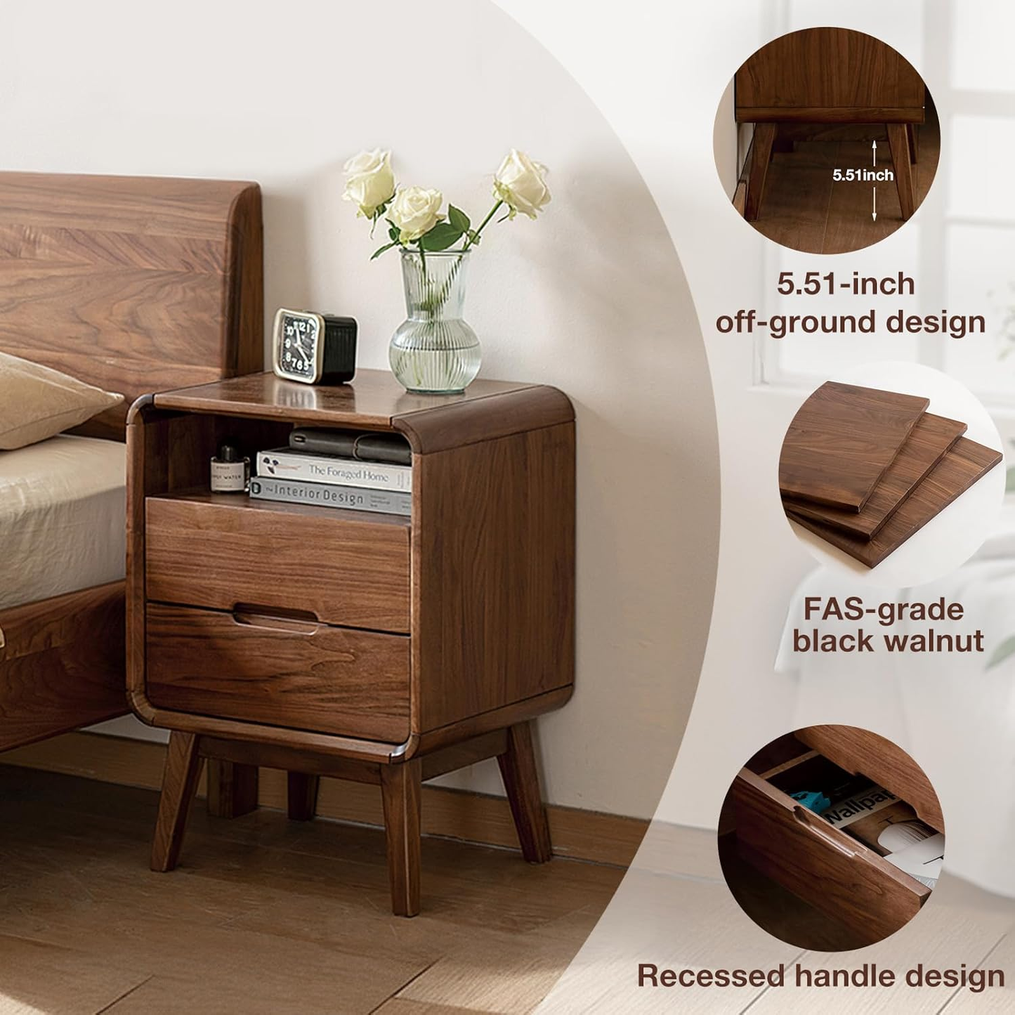 Walnut Nightstand Set of 2 - Solid Wood Mid-Century Modern Bedside Tables with Drawers