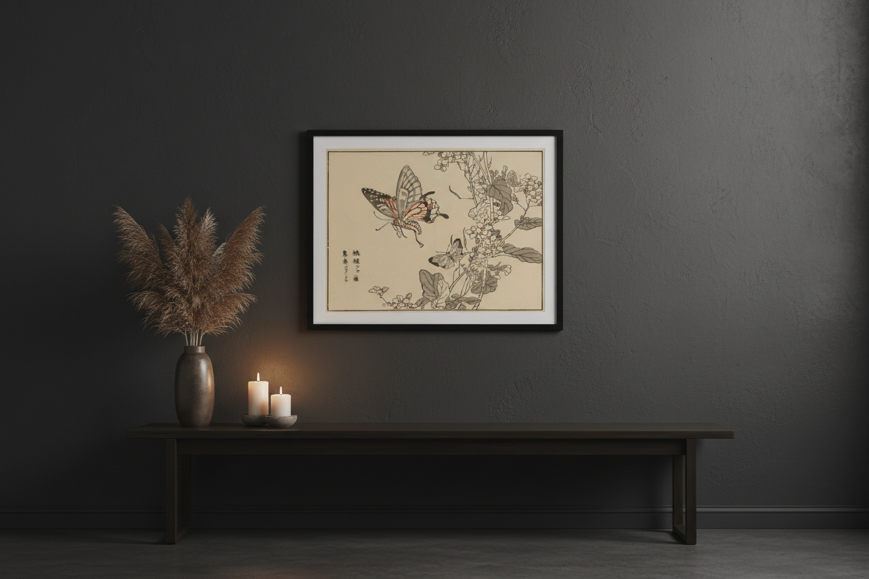 Vintage Japanese butterfly botanical print in black frame on dark wall in zen minimalist room