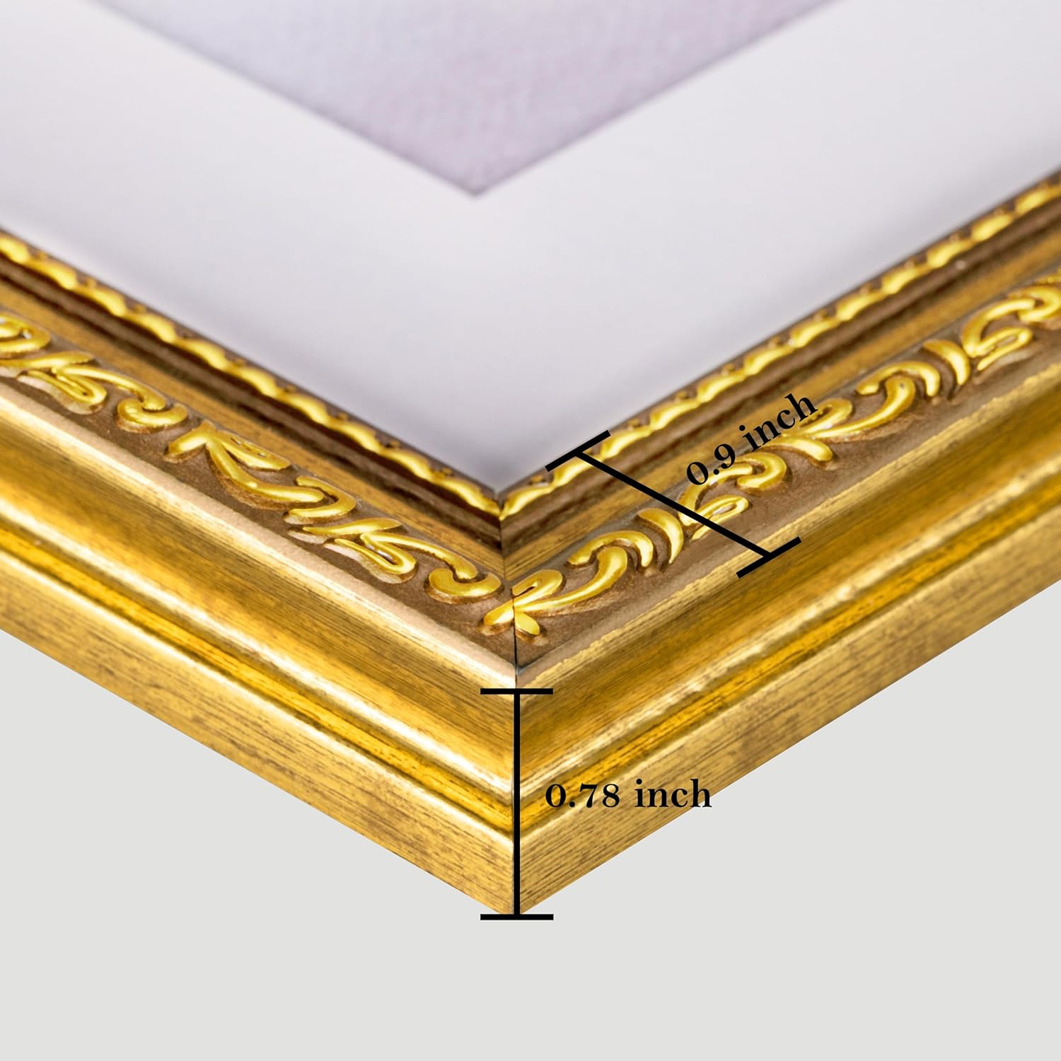 Gold picture frame corner with measurements on a white background