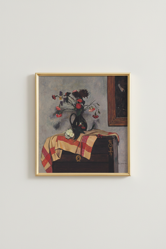 Vintage Floral Still Life with Roses and Wildflowers in simple gold frame