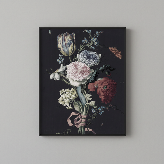 Dark vintage floral bouquet fine art print, displayed in simple black frame on light gray wall - moody floral wall art