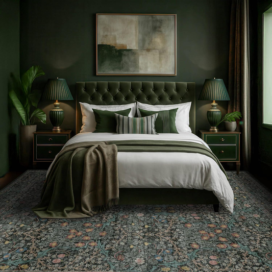 Dark Green Botanical Area Rug 10x12 - Vintage Floral Washable Rug