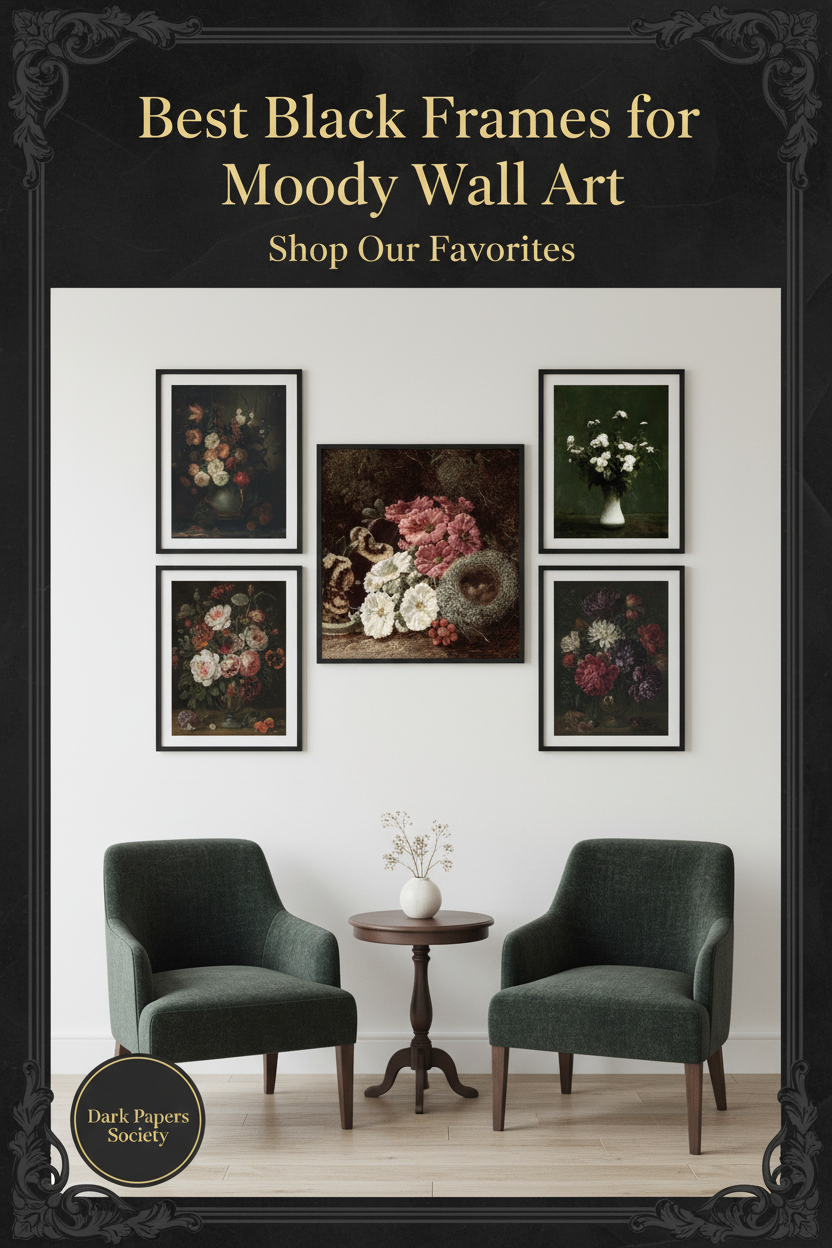 Minimalist black picture frames set of 5 displaying moody floral botanical art in dark academia styled gallery wall