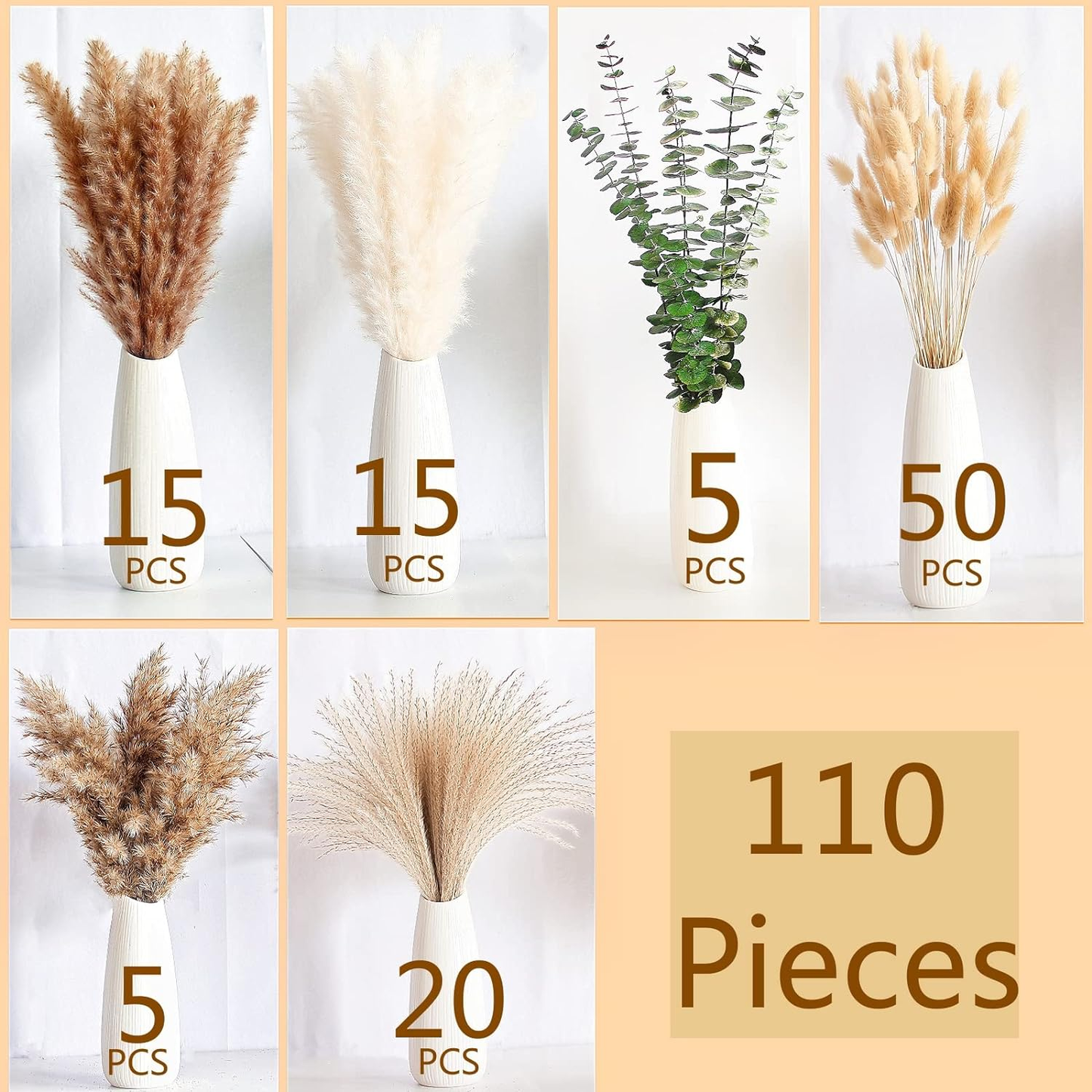 Pampas Grass Dried Flowers 110 Pieces — Boho Decor with Eucalyptus & Bunny Tails