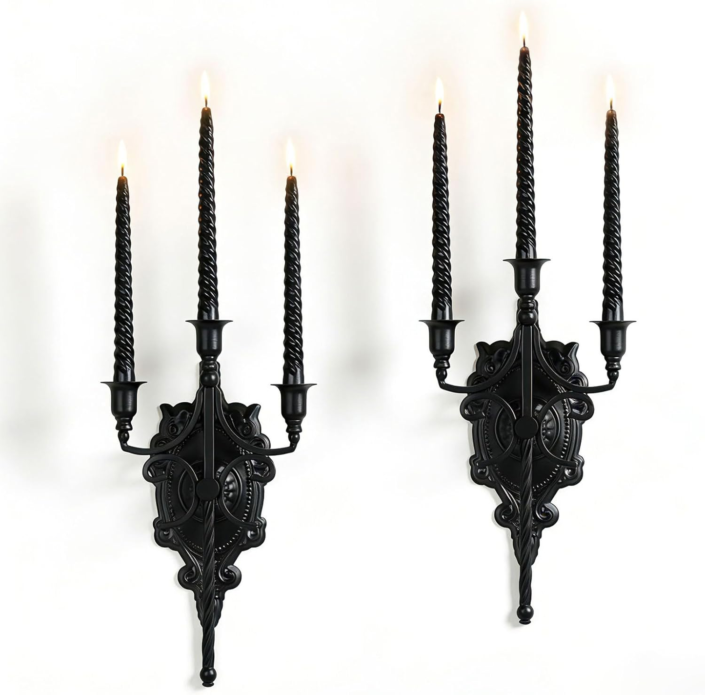3-Arm Gothic Wall Sconce Set of Two | Victorian Metal Candle Holder | Dark Academia Decor