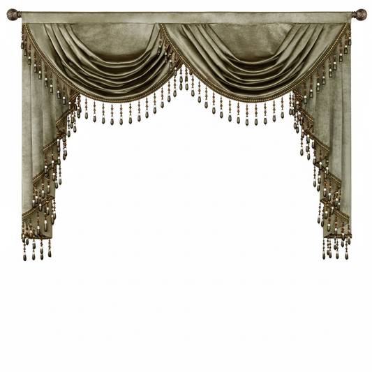 Vintage brown velvet waterfall valance curtain with beaded tassels on white background