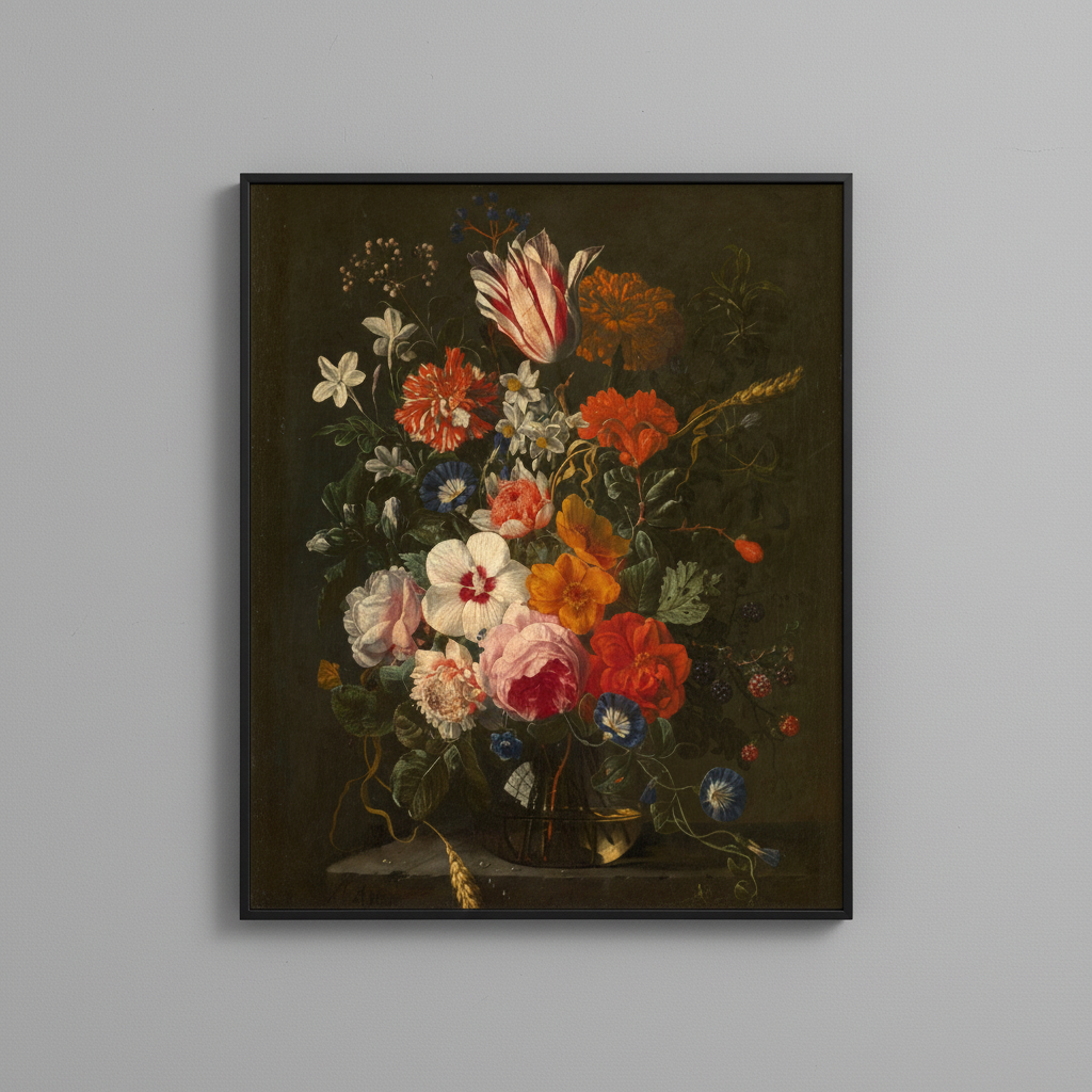 Classical still life bouquet fine art print, displayed in simple black frame on light gray wall - vintage floral wall art